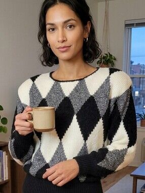 Vintage Jessica Sears Metallic Argyle Knit Sweater - Size 36 (M)